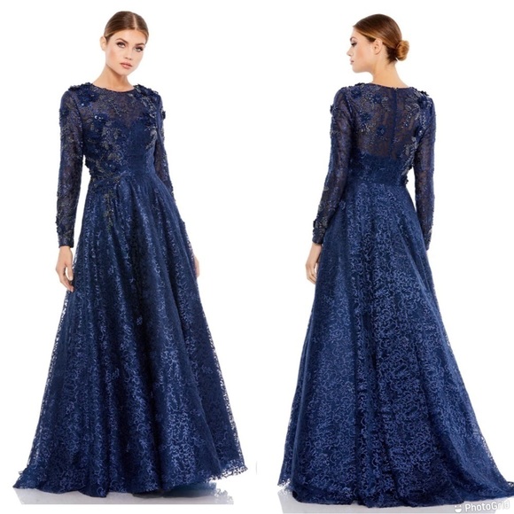 Mac Duggal Embellished Illusion Long Sleeve A Line Gown - Picture 1 of 10